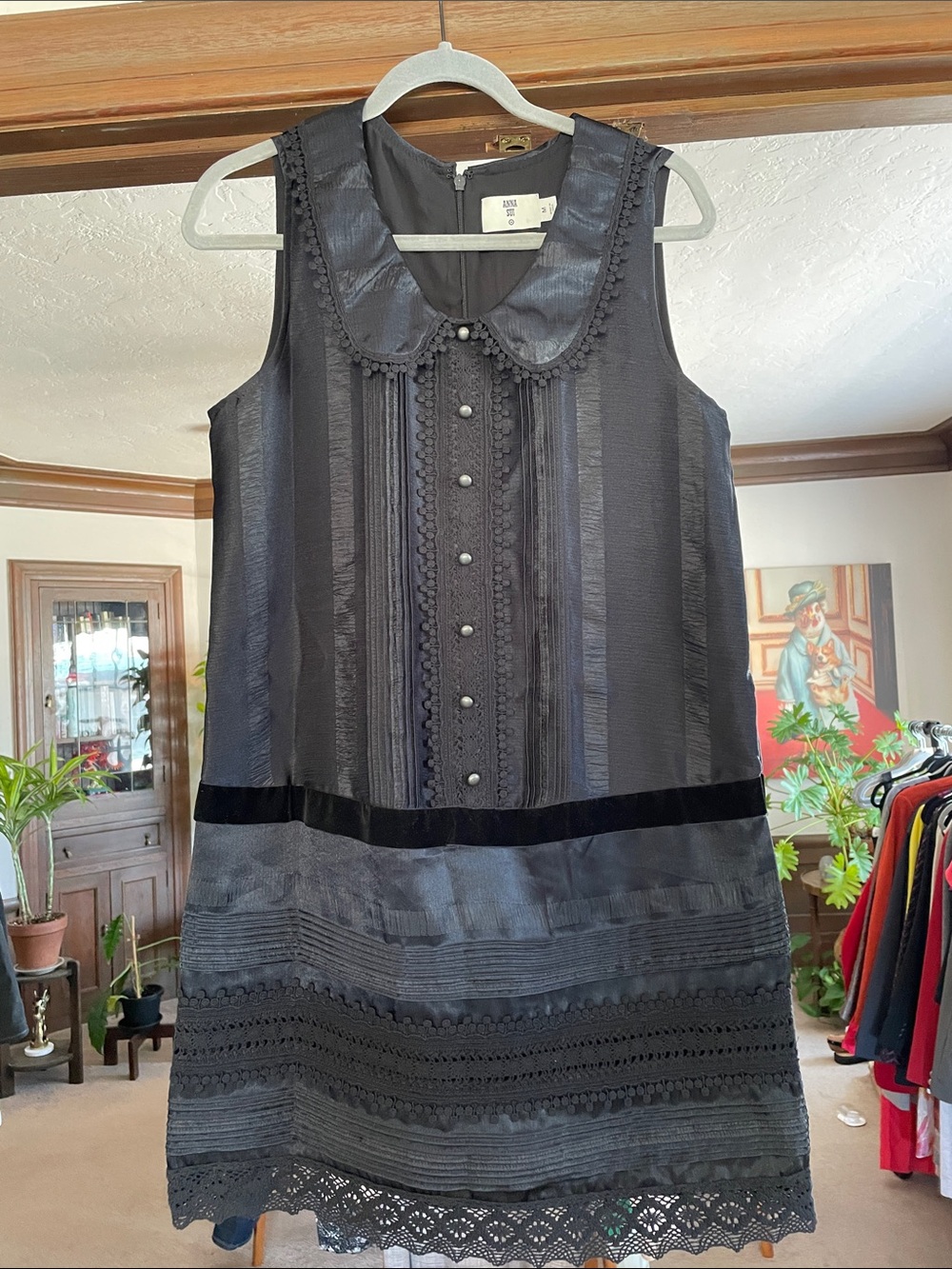 Designer Anna Sui Black Sleeveless Peter Pan Collar Mini Dress